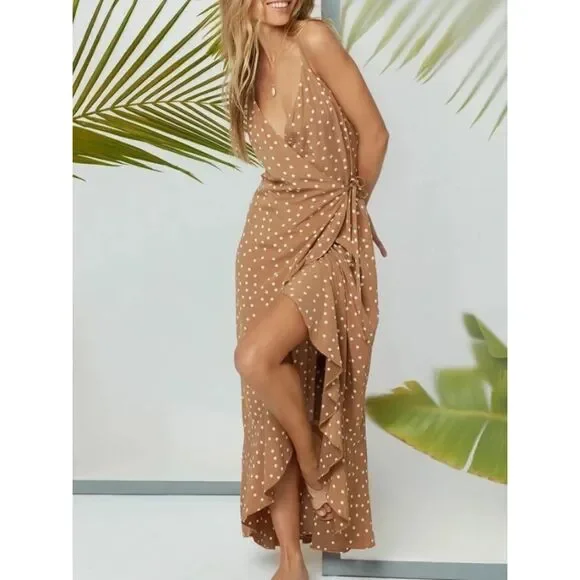 l*space | Dresses | Lspace Womens Wendy Wrap Dress Fawn Brown Polka Dot Maxi  Sundress Size Small | Poshmark